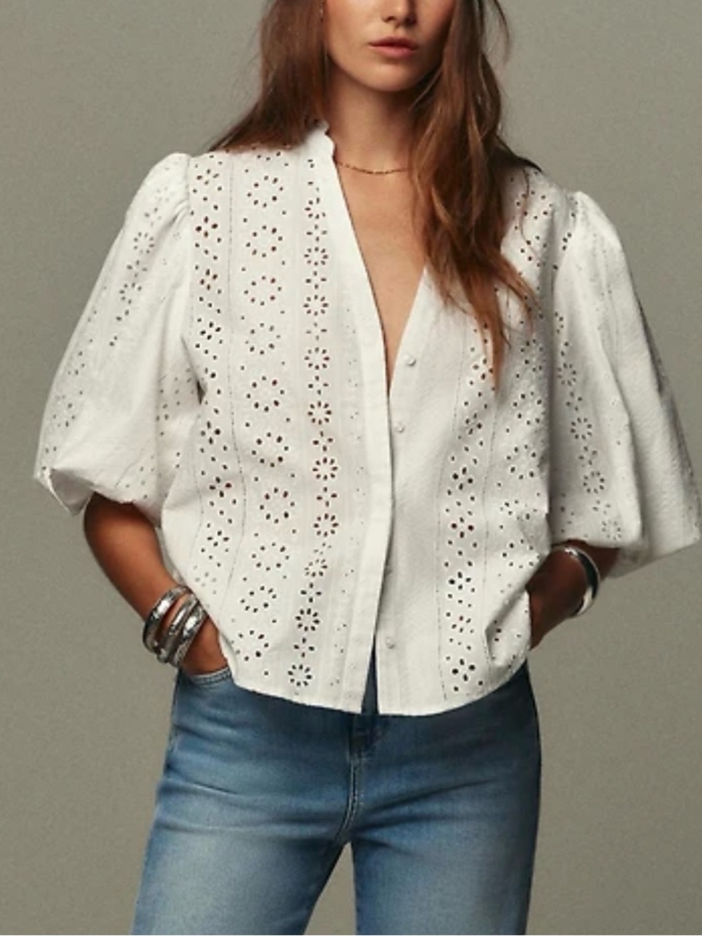 Zara Eyelet Button-Front Puff Sleeve Top